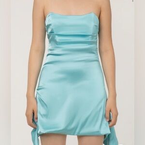 NEW- 
SILKY SATIN PLEATED TRIM CORSET STRAPLESS PARTY MINI DRESS - BLUE